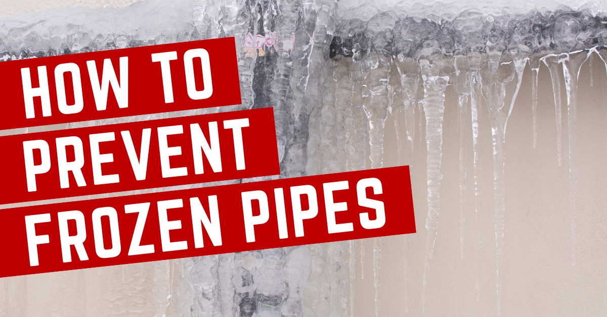 How to Prevent Frozen Pipes text over a background image of icicles, suggesting cold weather precautions for plumbing.