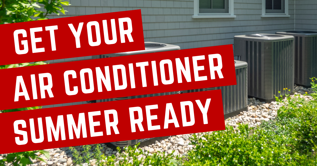 Outdoor air conditioning units in Regina, SK with text overlay 'Get Your Air Conditioner Summer Ready'.